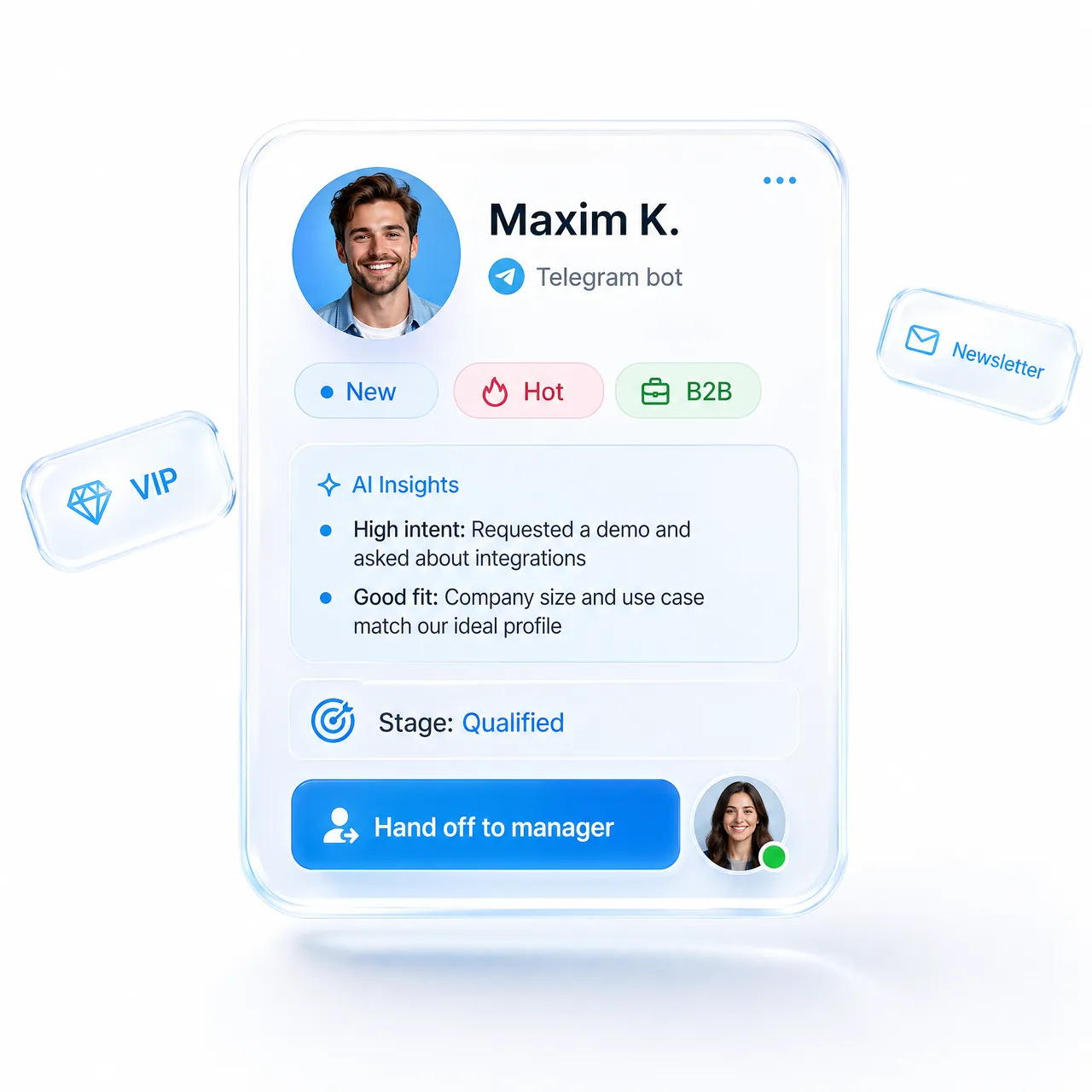Instagram CRM lead card with AI insights and 4 templates: Giveaway, Welcome DM, Story Quiz, Flash Sale