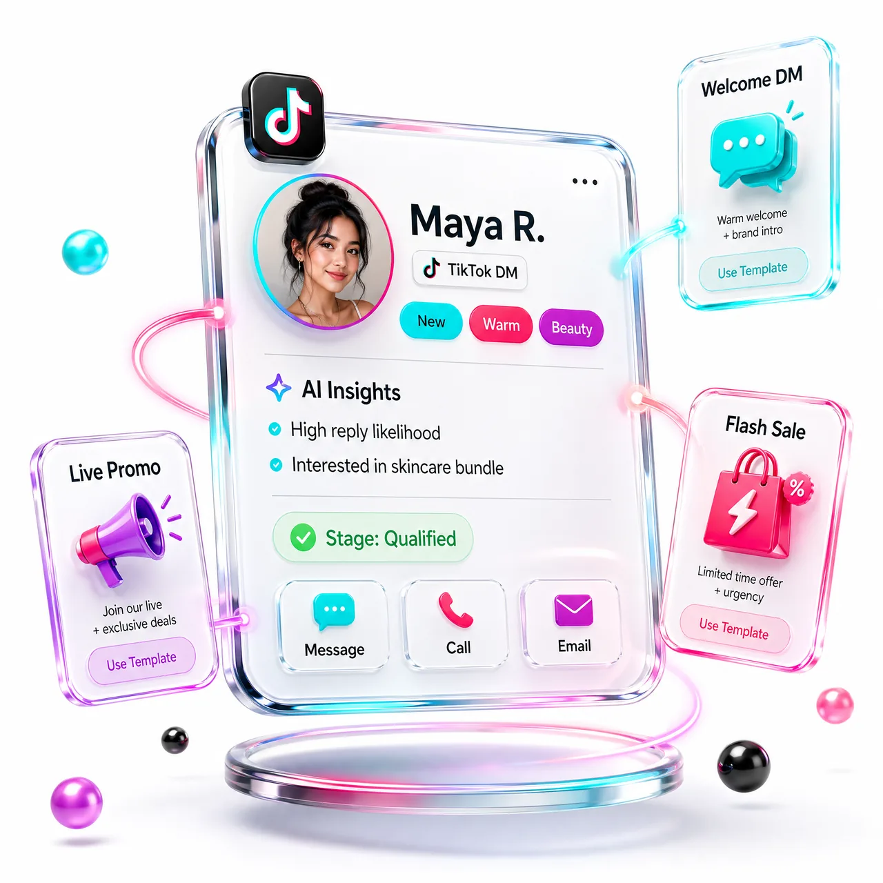 Instagram CRM lead card with AI insights and 4 templates: Giveaway, Welcome DM, Story Quiz, Flash Sale