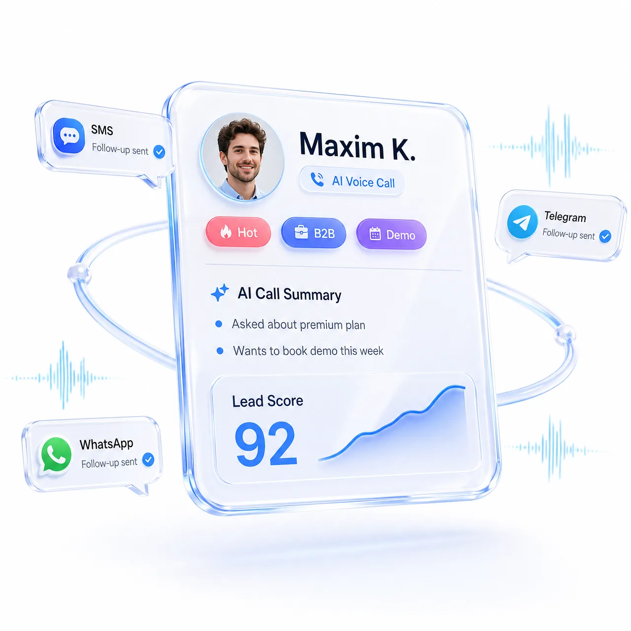 Instagram CRM lead card with AI insights and 4 templates: Giveaway, Welcome DM, Story Quiz, Flash Sale