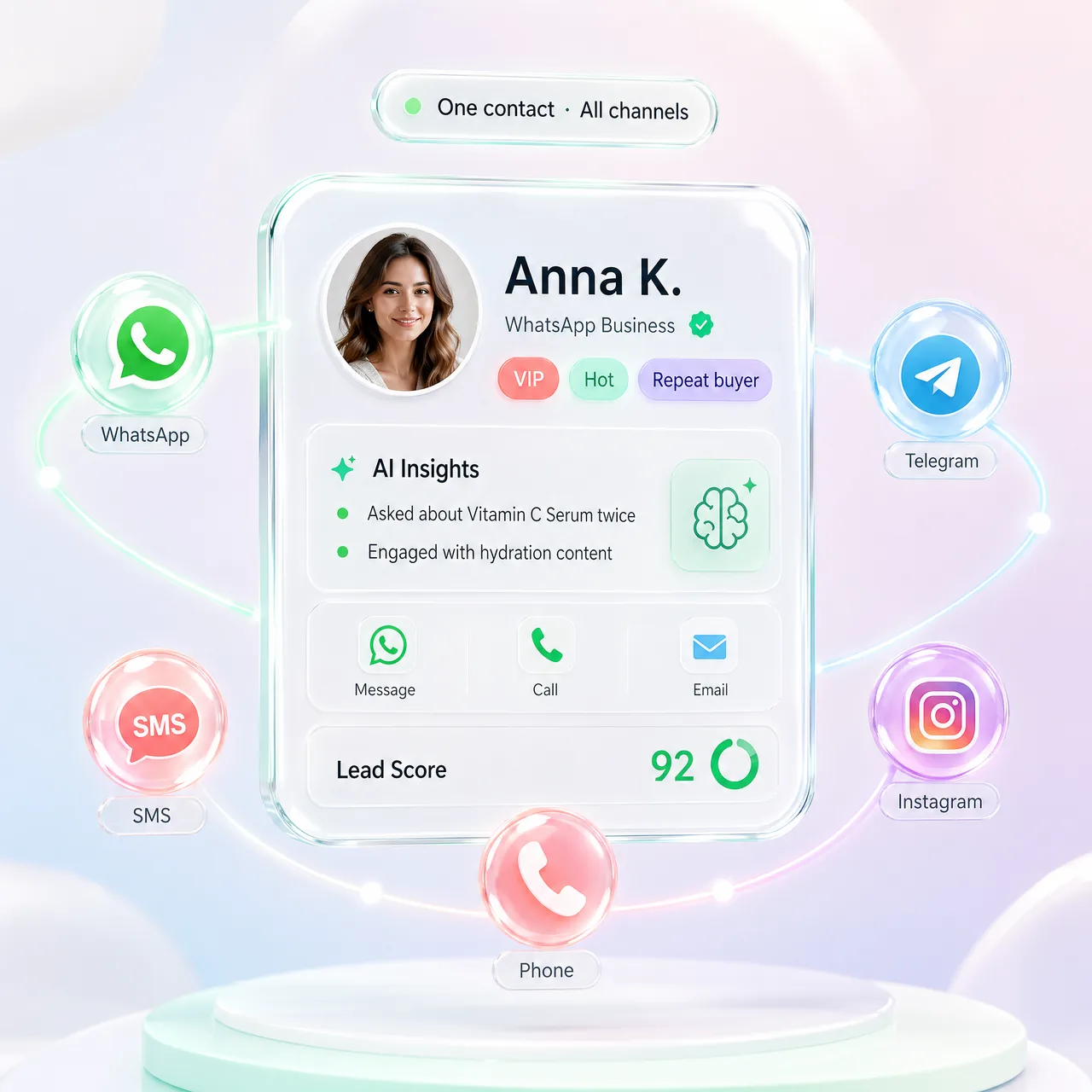 Instagram CRM lead card with AI insights and 4 templates: Giveaway, Welcome DM, Story Quiz, Flash Sale