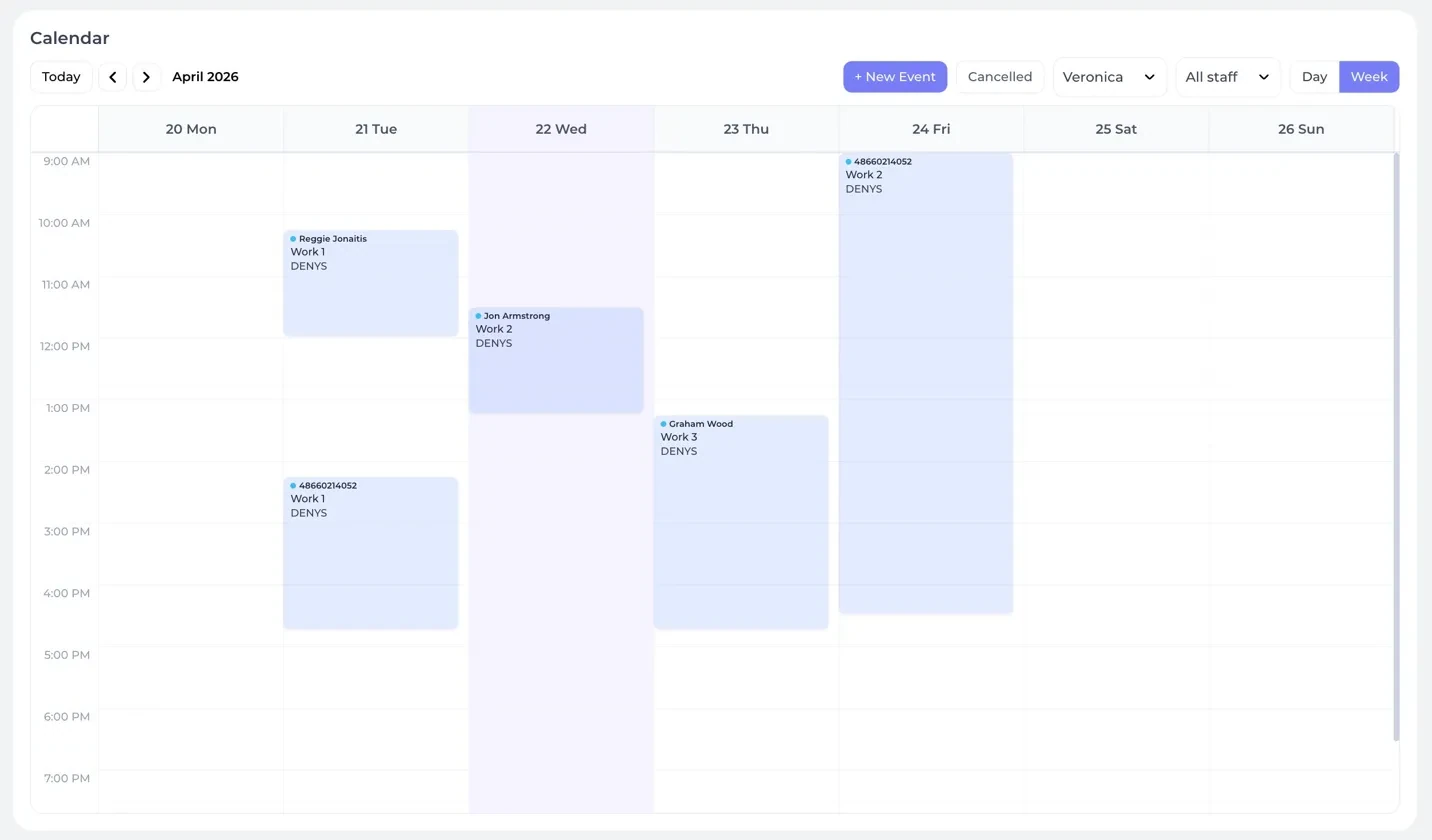 Project Calendar, week view with managers and milestones