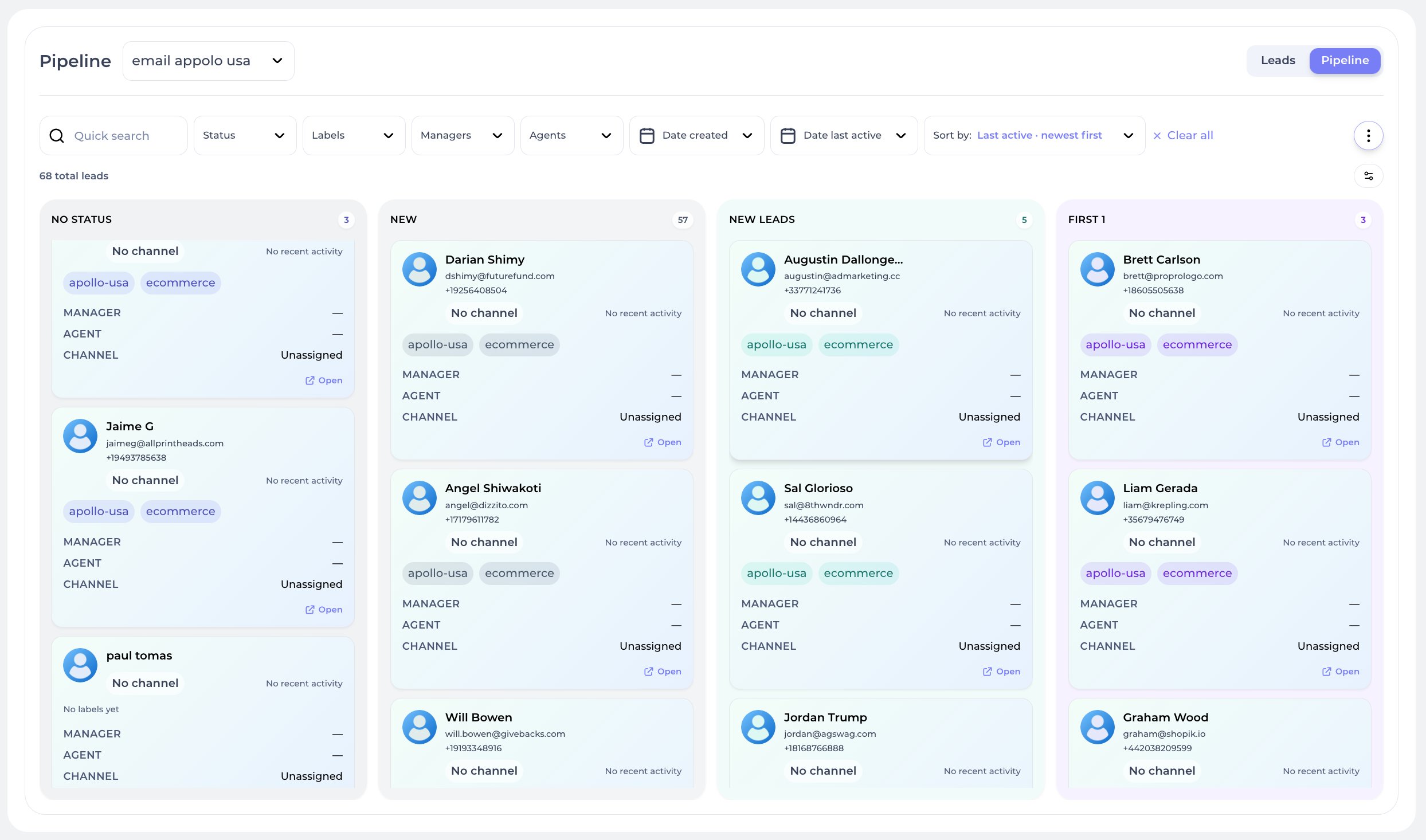 Pitch pipeline, Kanban view with prospects across stages